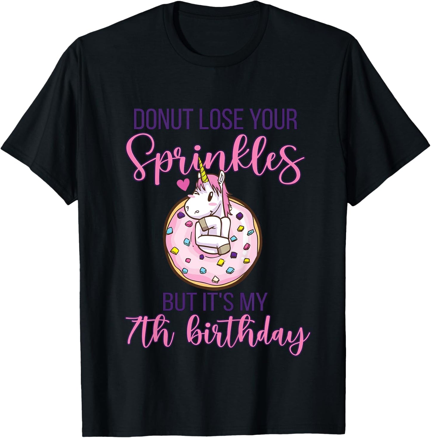 7th Donut Birthday Party Unicorn Seven Year Old Sweet Girl T-Shirt - T-Shirt | Black