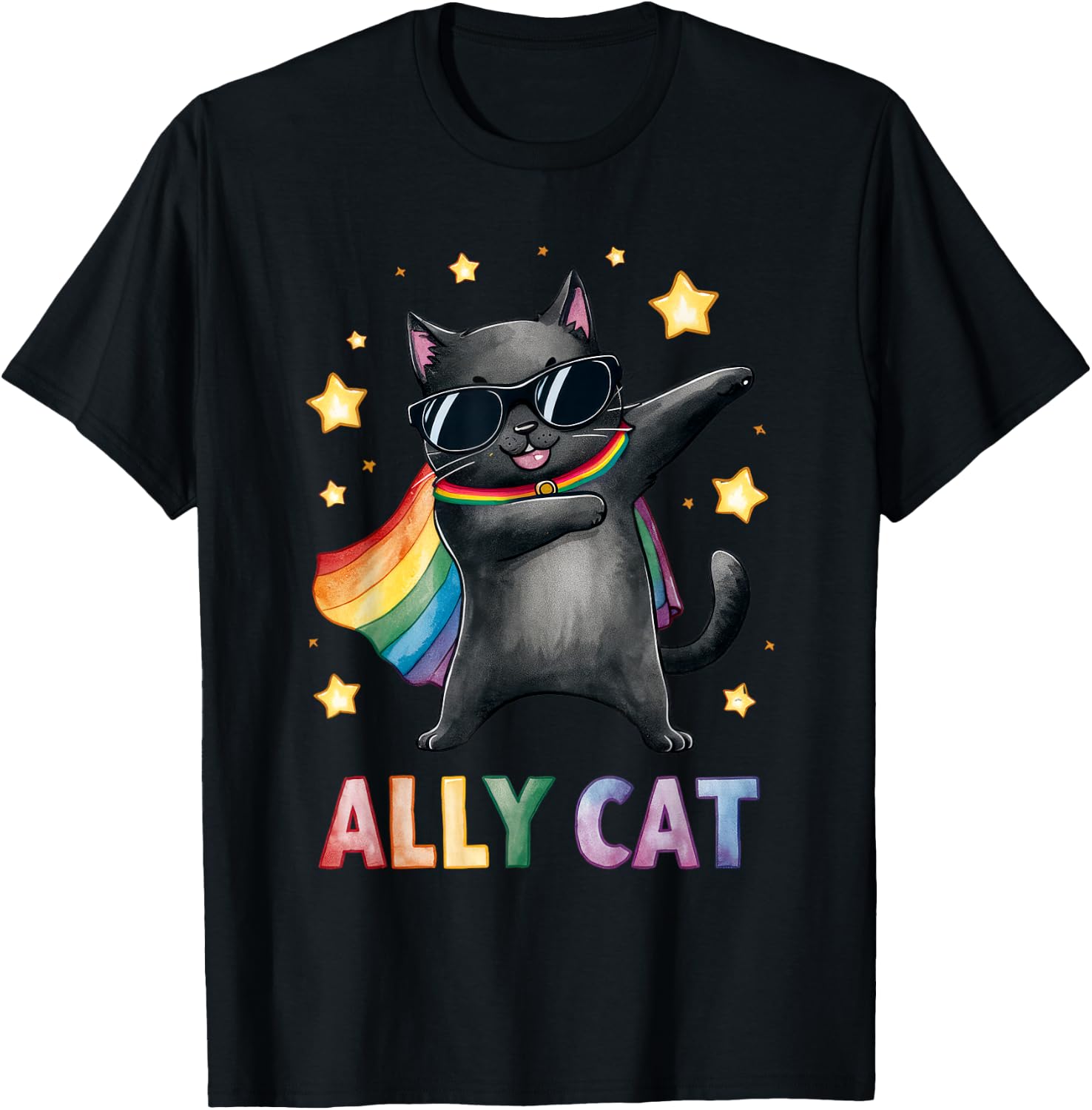 Gay Pride Month Ally Cat Funny LGBTQ Rainbow Men Women Kids T-Shirt - T-Shirt | Black