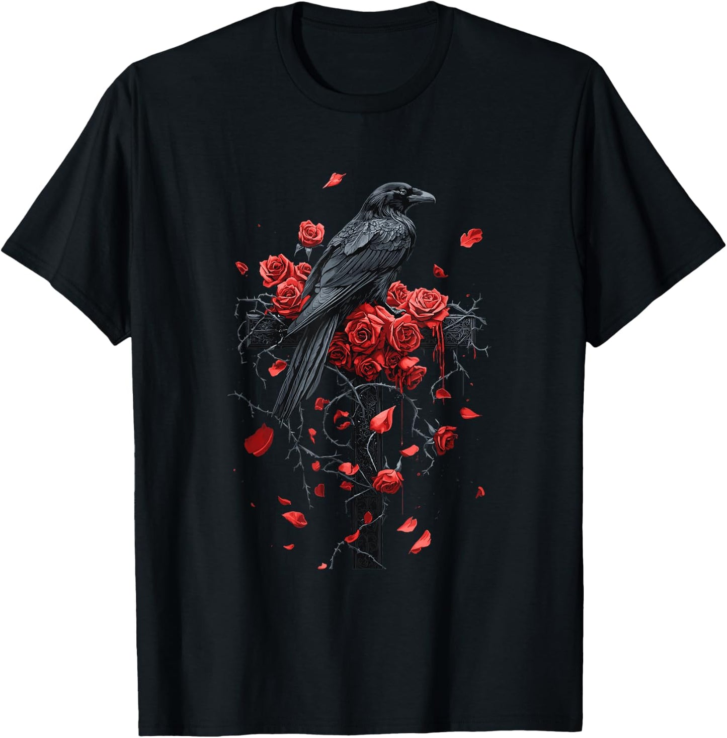 Raven with Roses on Cross Gothic T-Shirt - T-Shirt | Black