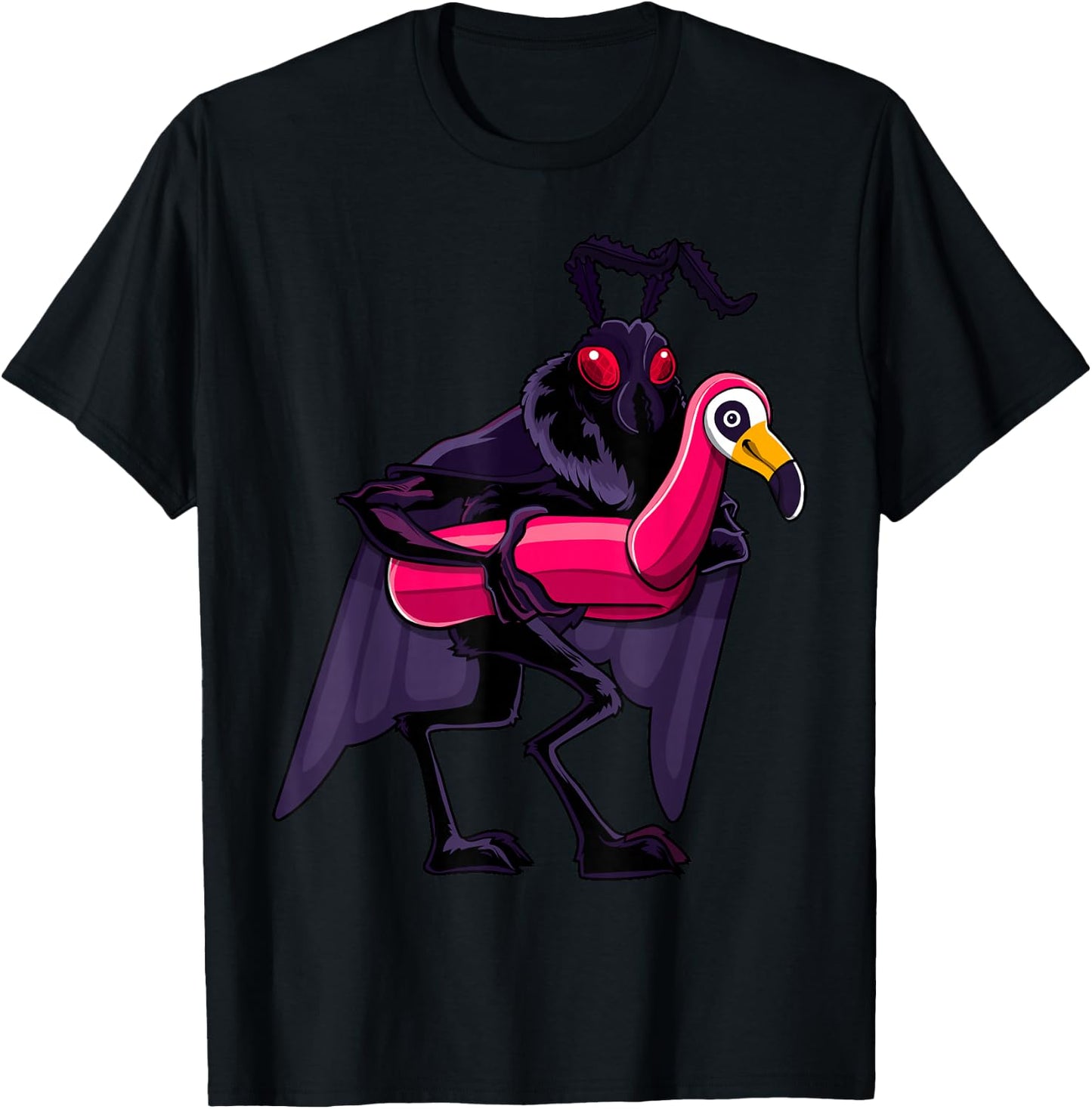 Mothman Pool Party Pink Float Flamingo Funny Cryptid Monster T-Shirt - T-Shirt | Black
