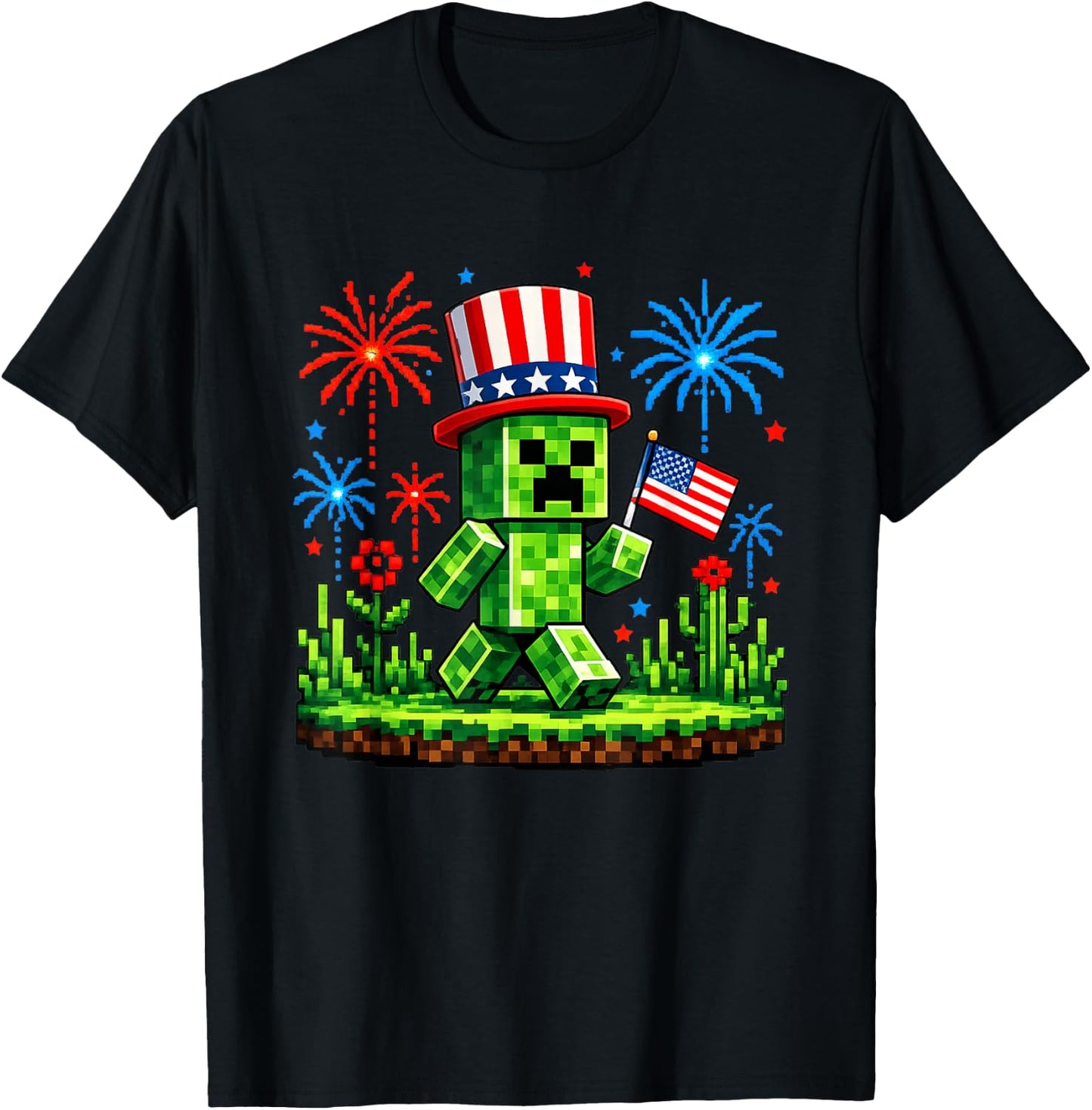 4th of July Gamer Pixel US Flag Patriotic Men Women Kids T-Shirt - T-Shirt | Black