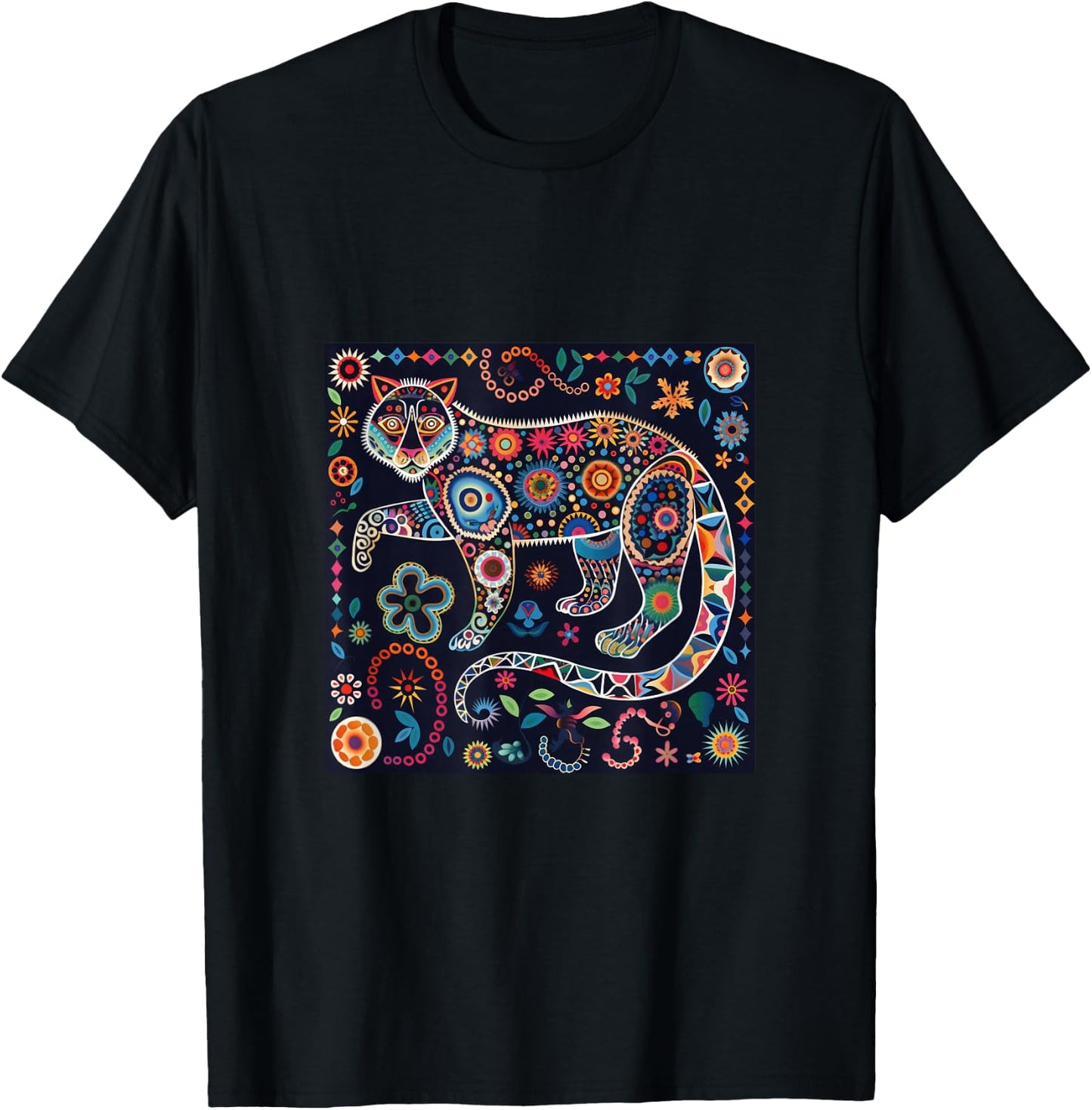 Jaguar Head Huichol Art Mexico Aztec Mayas T-Shirt - T-Shirt | Black