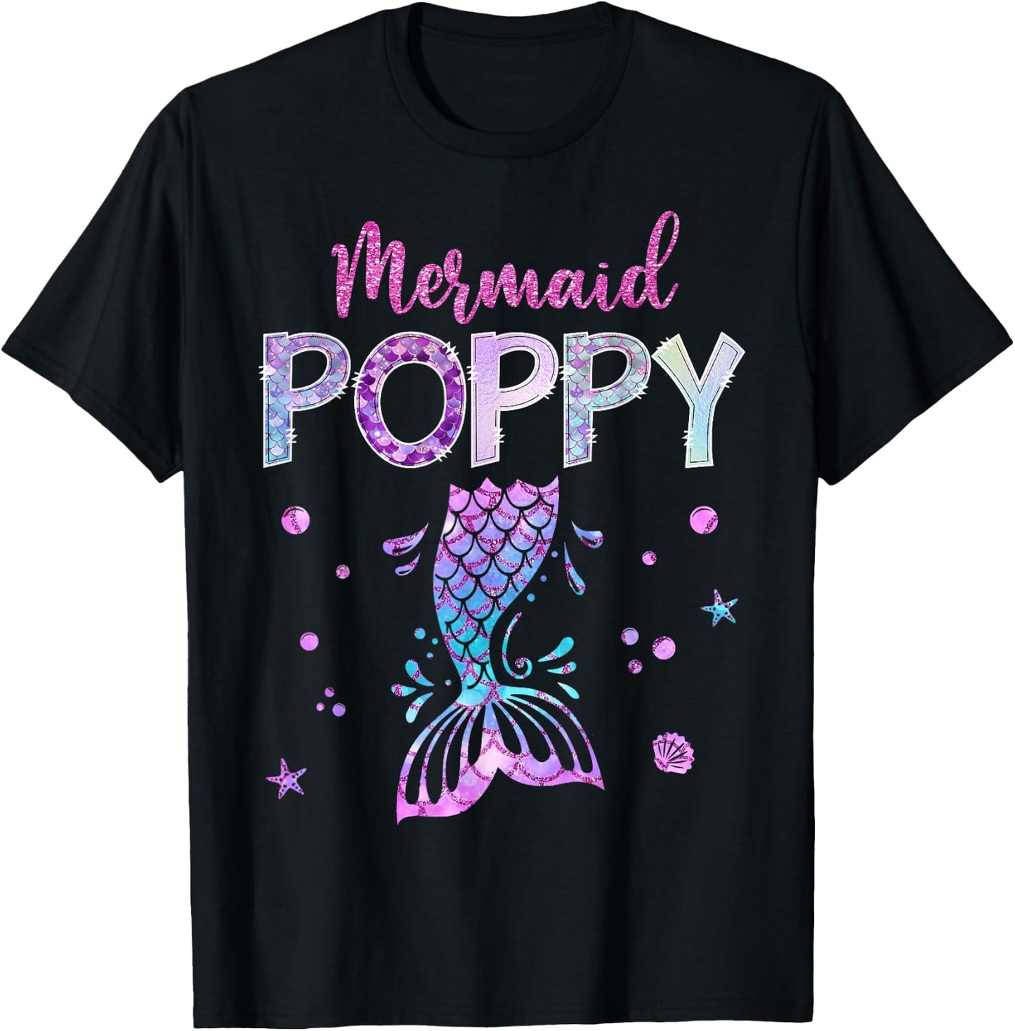 Mermaid Poppy Birthday Party Girl Family Matching T-Shirt - T-Shirt | Black