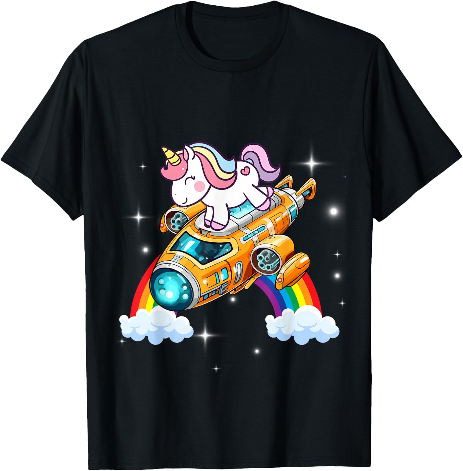 Unicorn Riding Spaceship Women Men Kids Teens Boys Girls T-Shirt - T-Shirt | Black