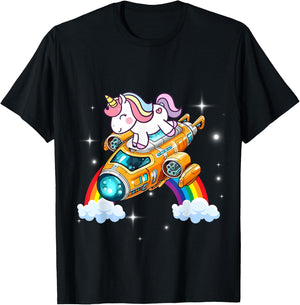 Unicorn Riding Spaceship Women Men Kids Teens Boys Girls T-Shirt - T-Shirt | Black