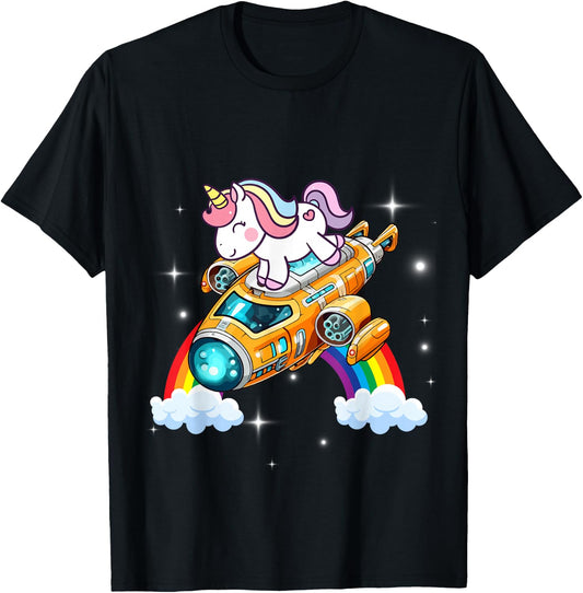 Unicorn Riding Spaceship Women Men Kids Teens Boys Girls T-Shirt - T-Shirt | Black