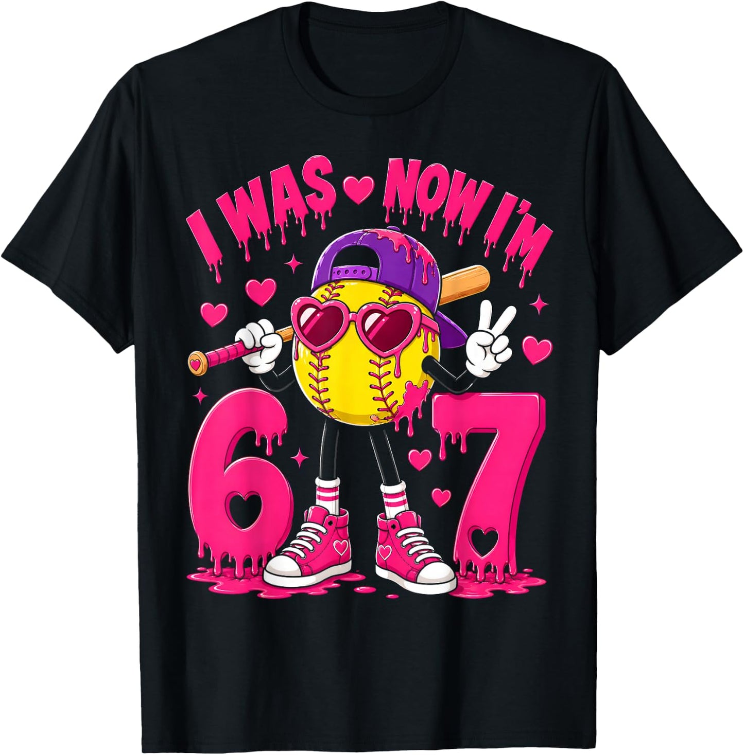 7th Birthday Boy Softball Ice Cream Drip 7 Year Old Party T-Shirt - T-Shirt | Black