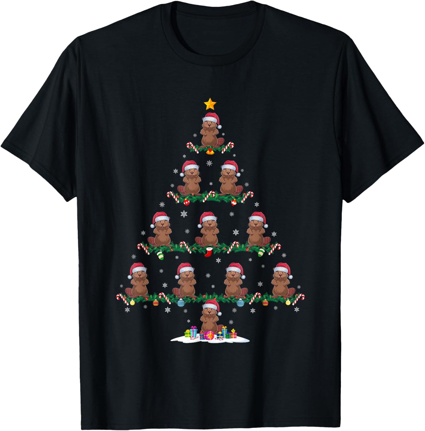Beaver Christmas Tree Pajama Men Women Kids Ugly Xmas T-Shirt - T-Shirt | Black