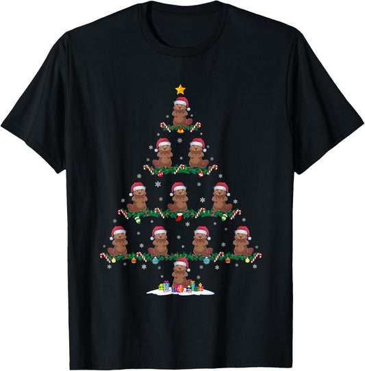 Beaver Christmas Tree Pajama Men Women Kids Ugly Xmas T-Shirt - T-Shirt | Black