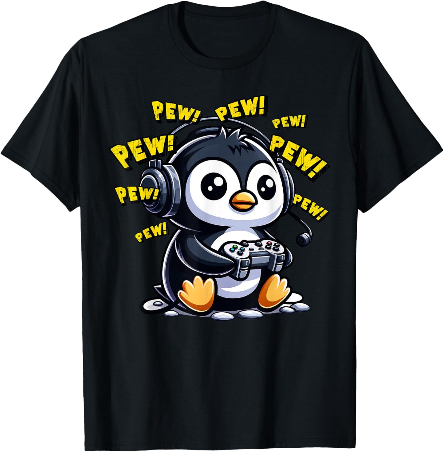 Penguin Gamer Pew Funny Video Games Vintage Boys Men Girls T-Shirt - T-Shirt | Black