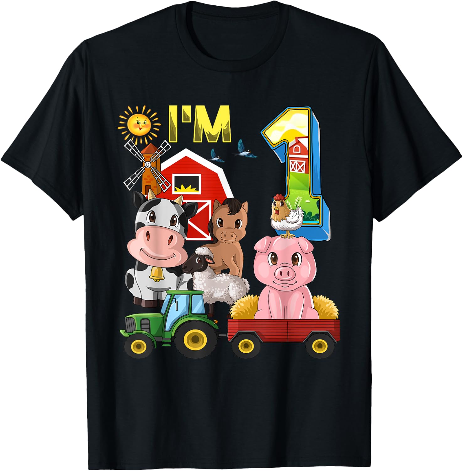 Farm Animals Barnyard Tractor 1st Birthday I'm 1 Year Old T-Shirt - T-Shirt | Black