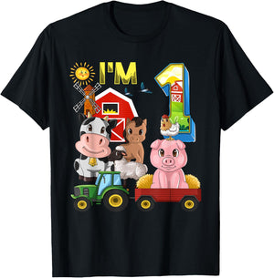 Farm Animals Barnyard Tractor 1st Birthday I'm 1 Year Old T-Shirt - T-Shirt | Black