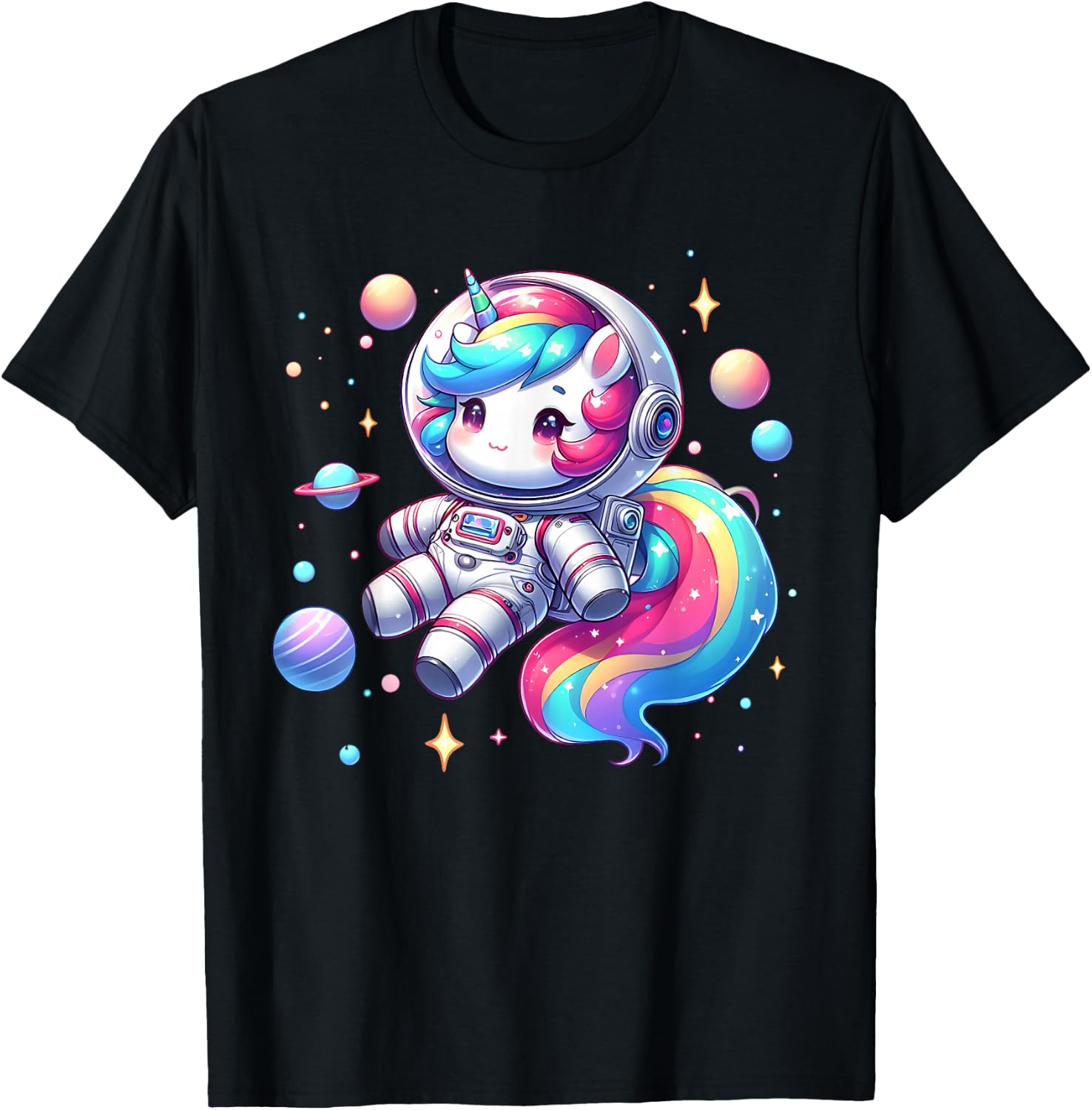 Astronaut Unicorn Floating in Cute Colorful Space Galaxy T-Shirt - T-Shirt | Black