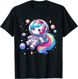 Astronaut Unicorn Floating in Cute Colorful Space Galaxy T-Shirt - T-Shirt | Black