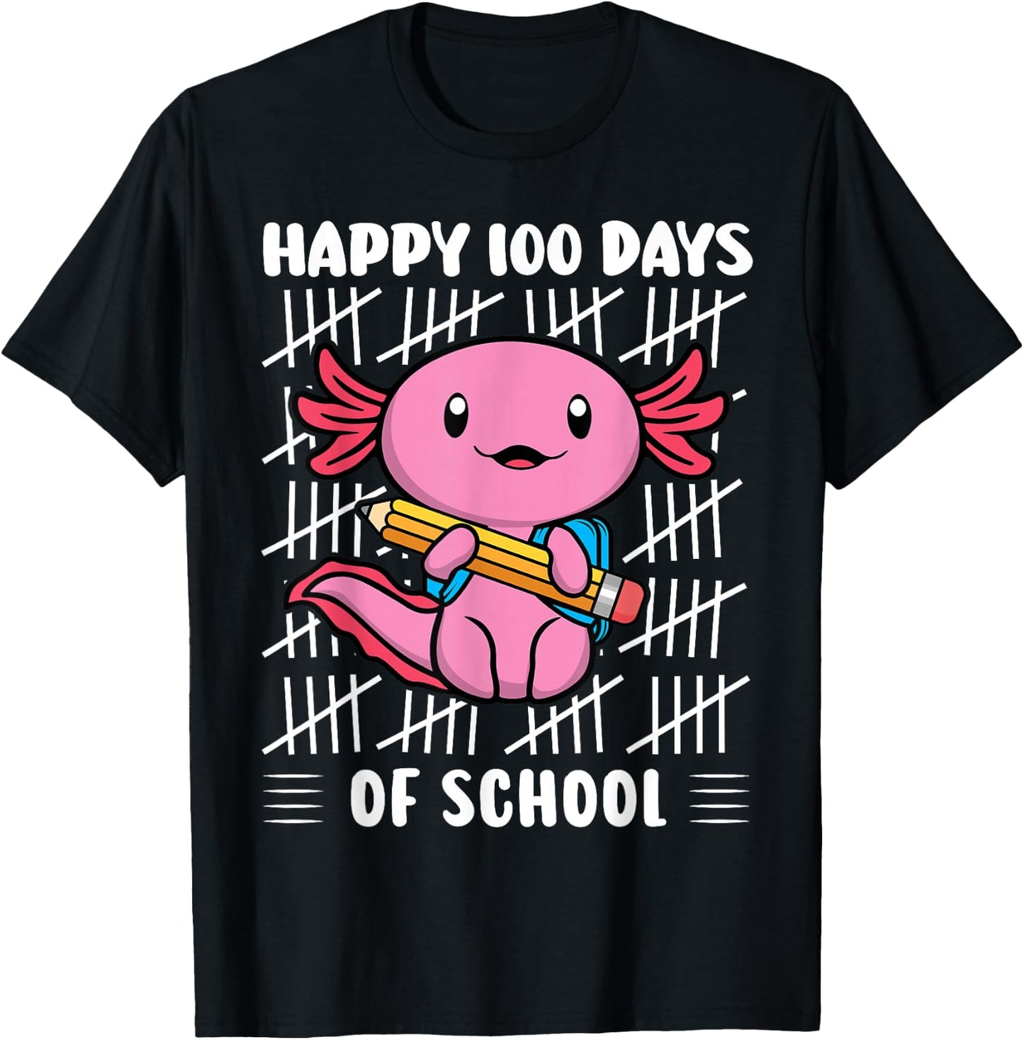 Happy 100 Days of School Cute Axolotl Kindergarten 100th Day T-Shirt - T-Shirt | Black