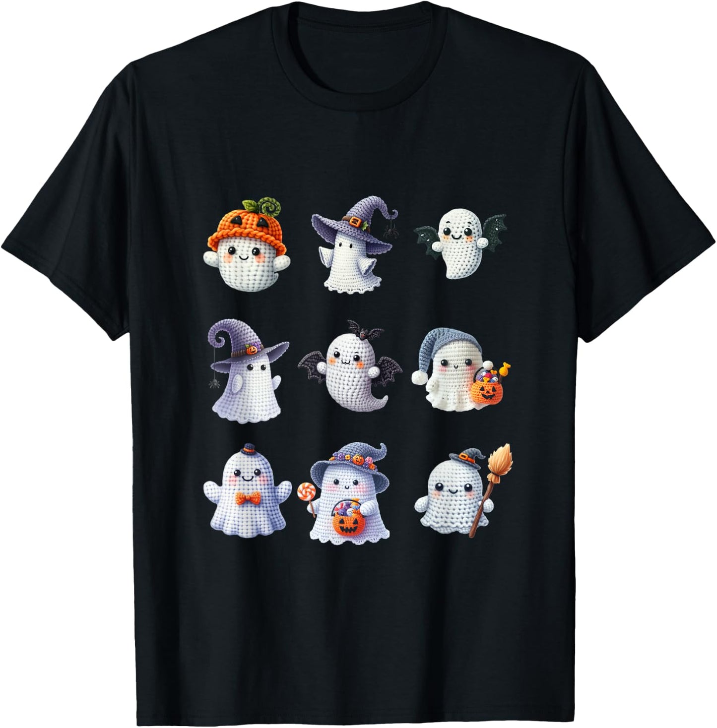 Halloween Crochet Lovers Cute Yarn Ghosts Knitter T-Shirt - T-Shirt | Black