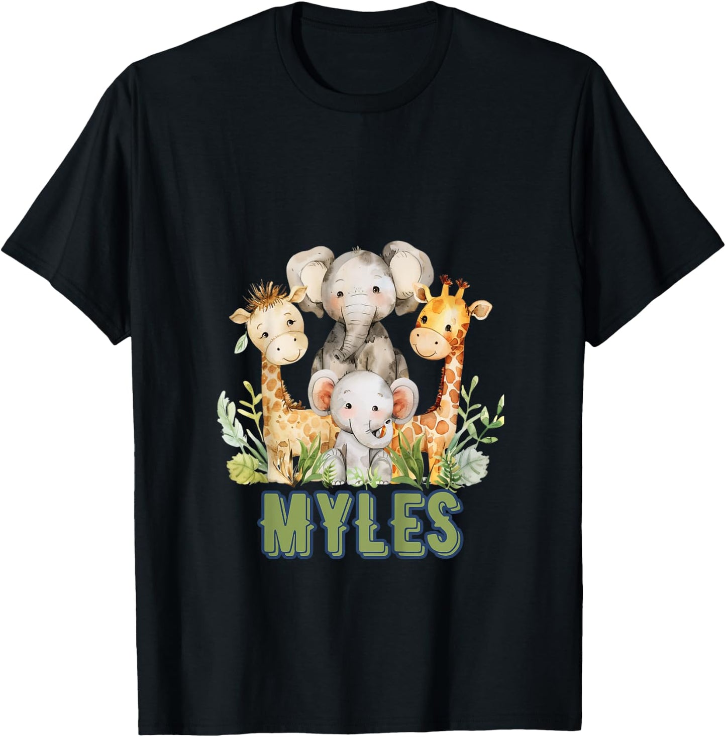 Kids MYLES First Name Safari Nursery Theme Elephant Giraffe Cute T-Shirt - T-Shirt | Black