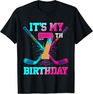Hockey Ice Cream Drip It's My 7th Birthday Player Birthday T-Shirt - T-Shirt | Black
