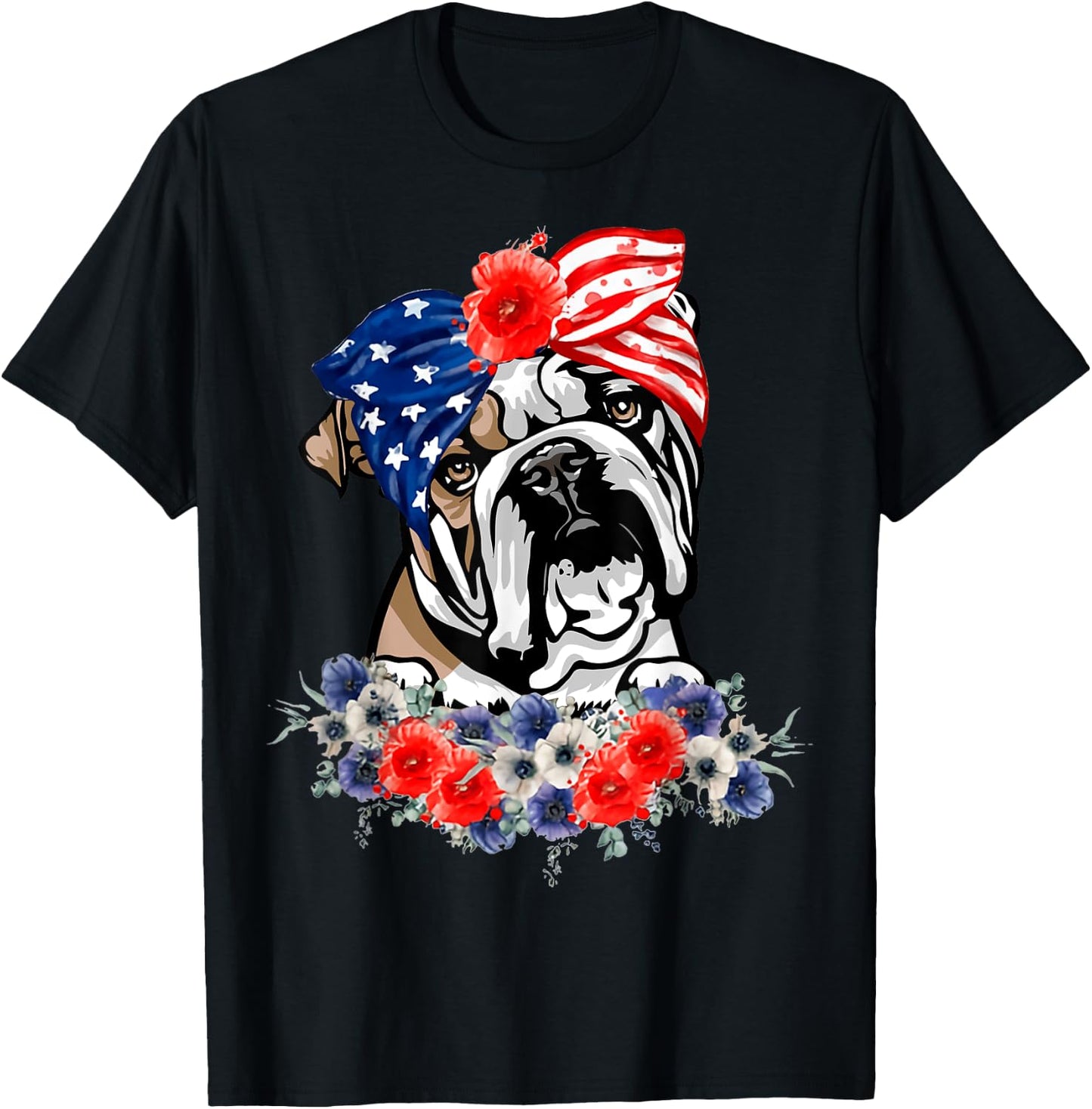 English Bulldog Dog American Flag Patriotic 4th Of July T-Shirt - T-Shirt | Black