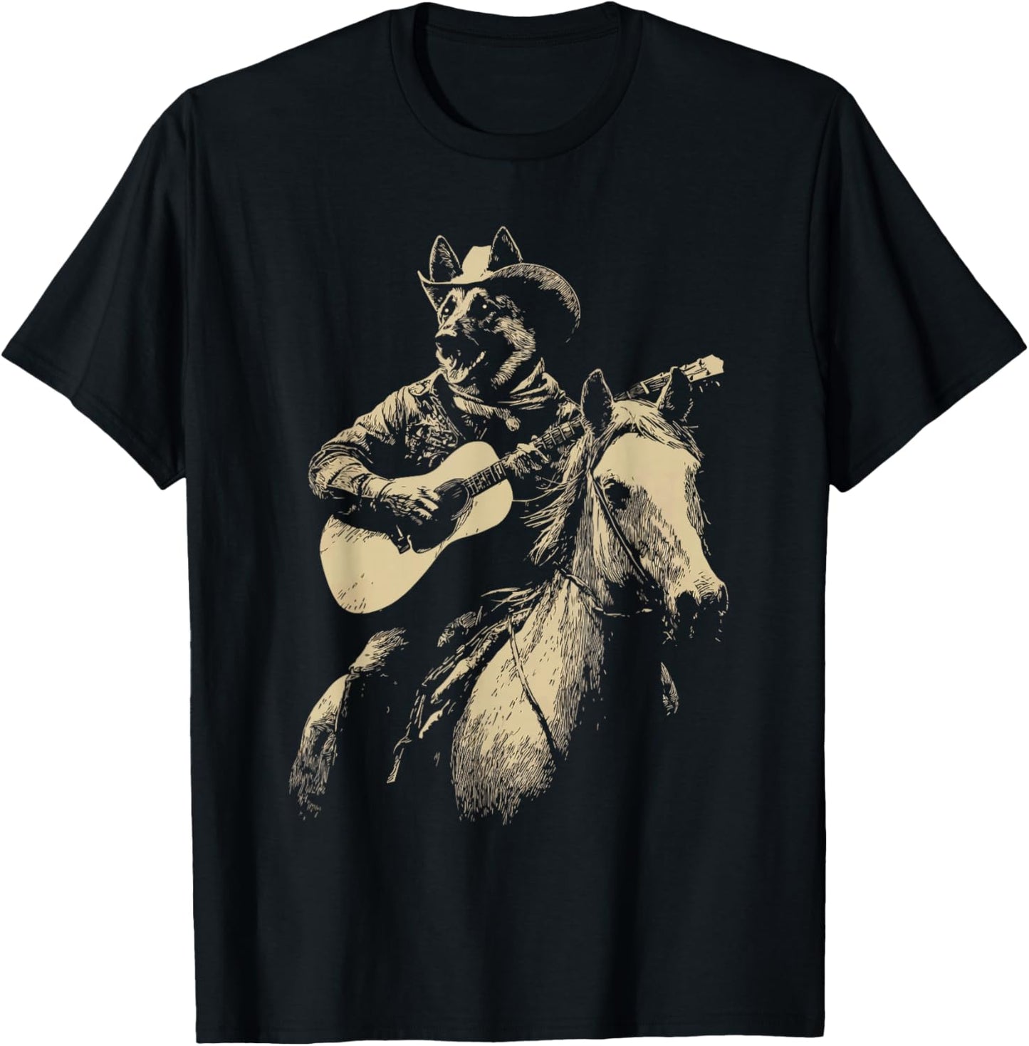Rustic German Shepherd Cowboy Playing Guitar Western Dog T-Shirt - T-Shirt | Black
