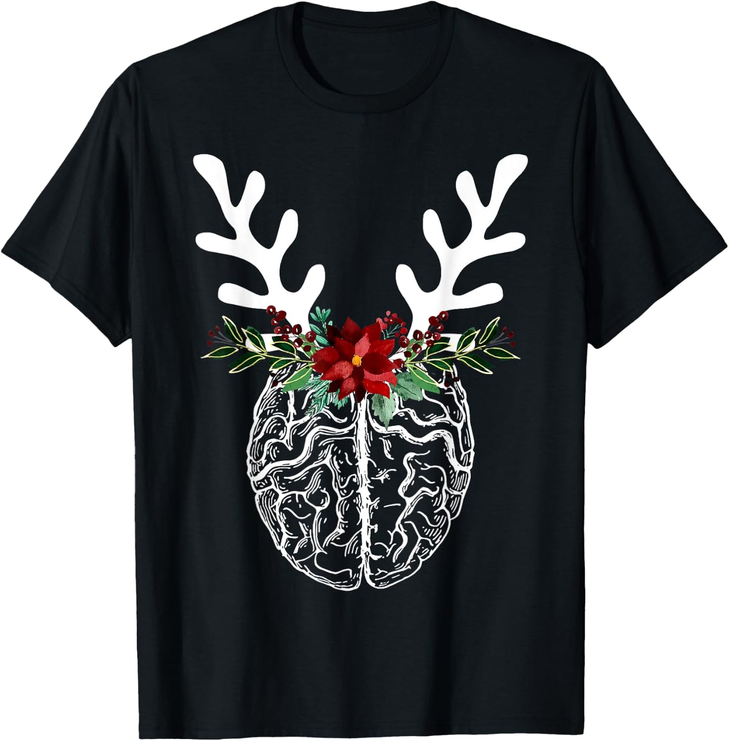 Anatomy Brain Floral Reindeer Christmas Neurology Nurse T-Shirt - T-Shirt | Black