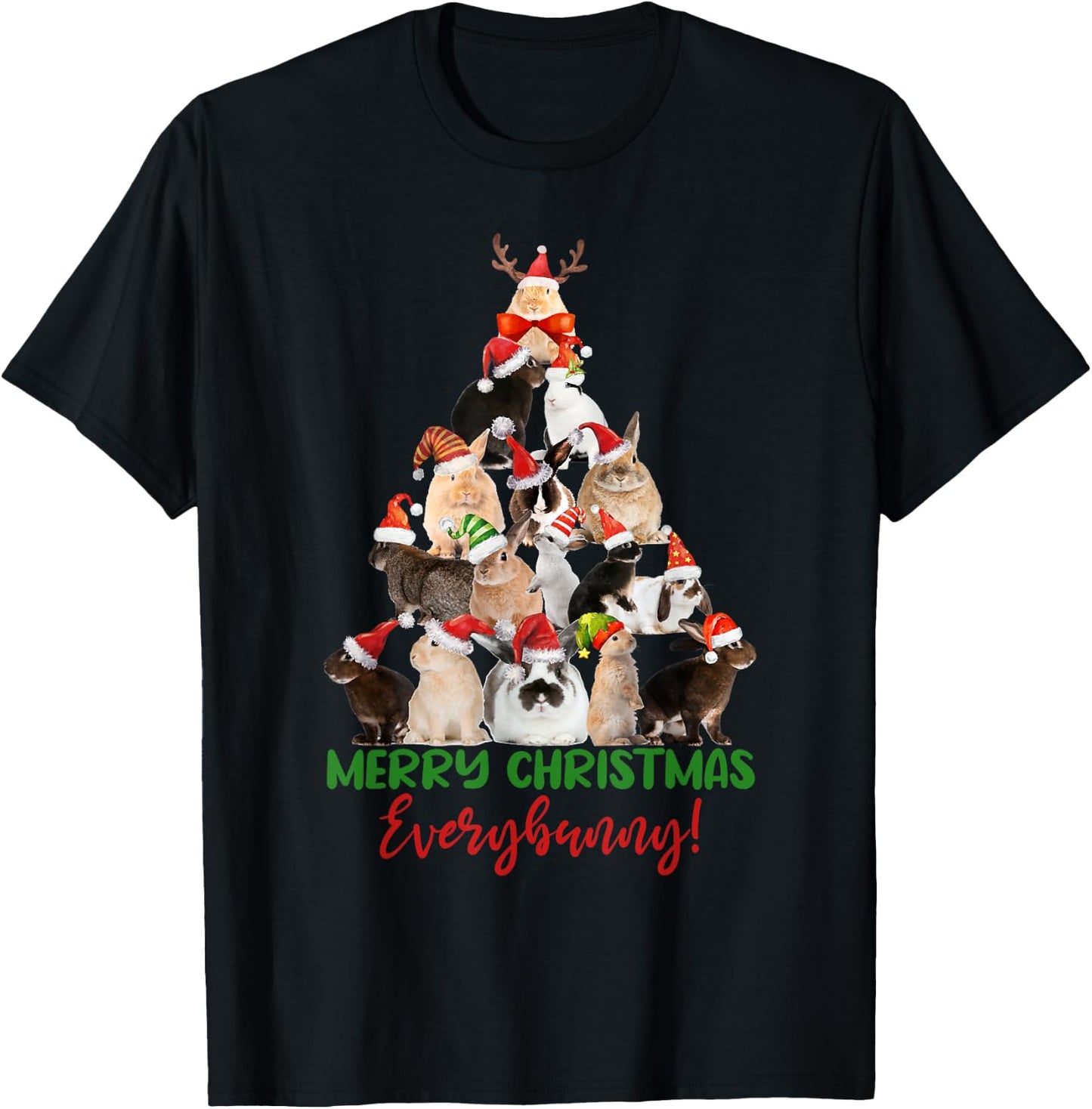 Christmas Tree with Santa Hat Bunnies Cute Holiday T-Shirt - T-Shirt | Black