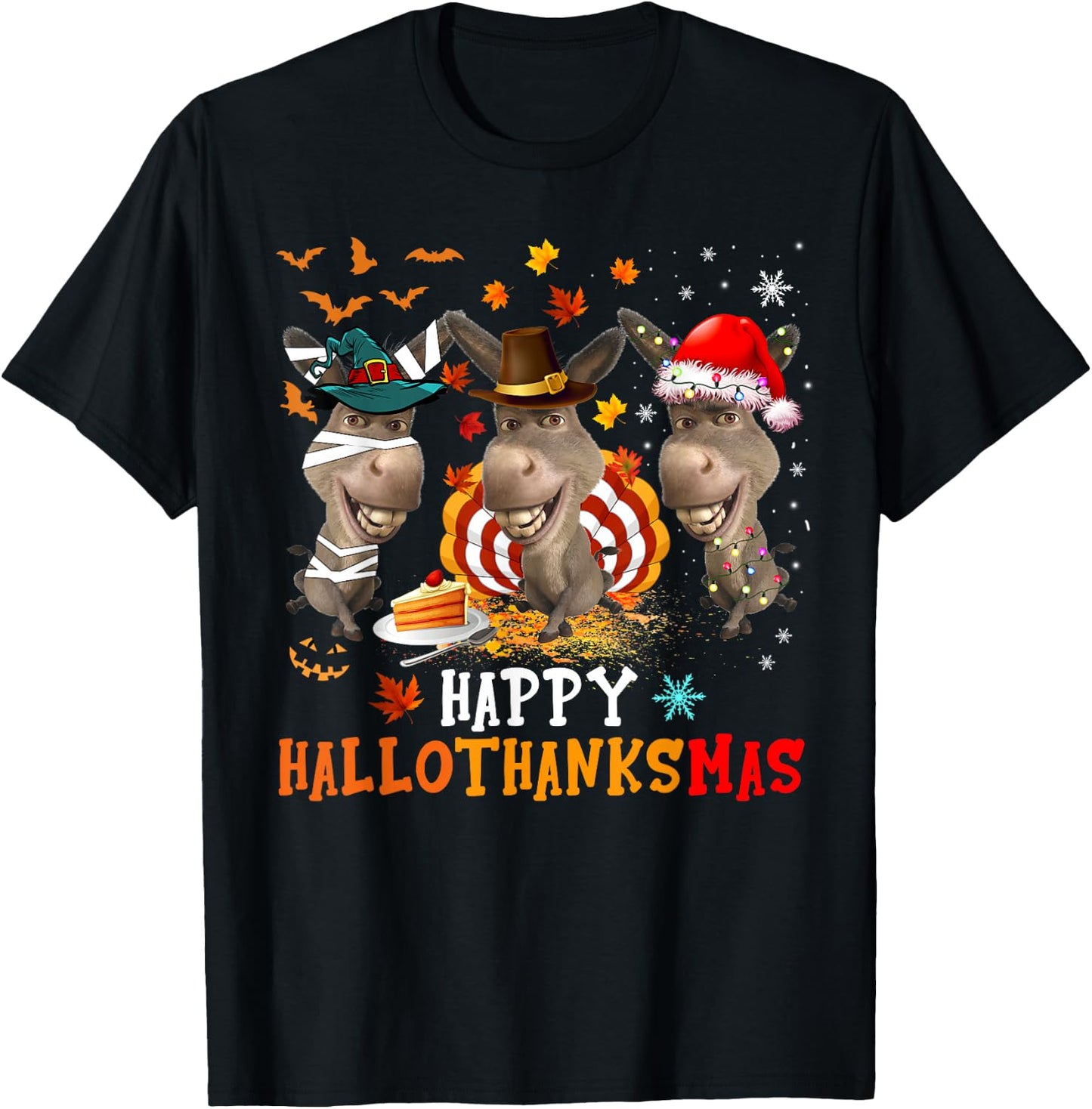 Happy HalloThanksMas Cute Santa Witch Turkey Donkey Farmer T-Shirt - T-Shirt | Black