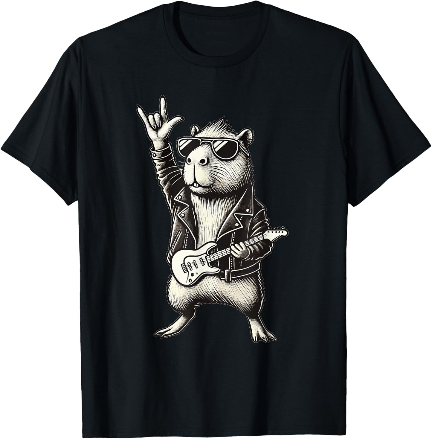 Rock Music & Heavy Metal, Capybara Rocker & Rock Hand Guitar T-Shirt - T-Shirt | Black