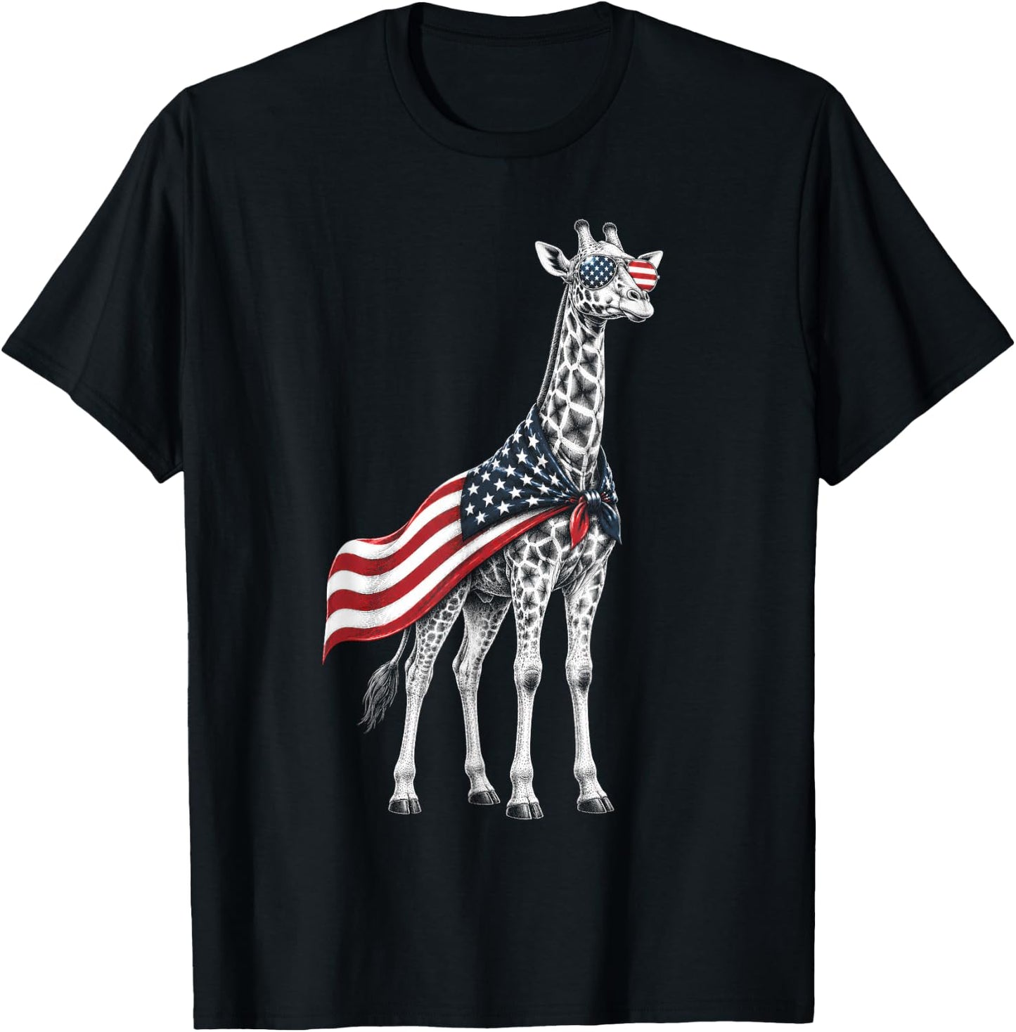 Giraffe 4th of July US American Flag Patriotic Safari Animal T-Shirt - T-Shirt | Black