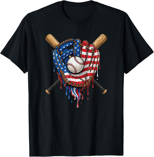 American Flag Baseball Glove Drip T-Shirt - T-Shirt | Black