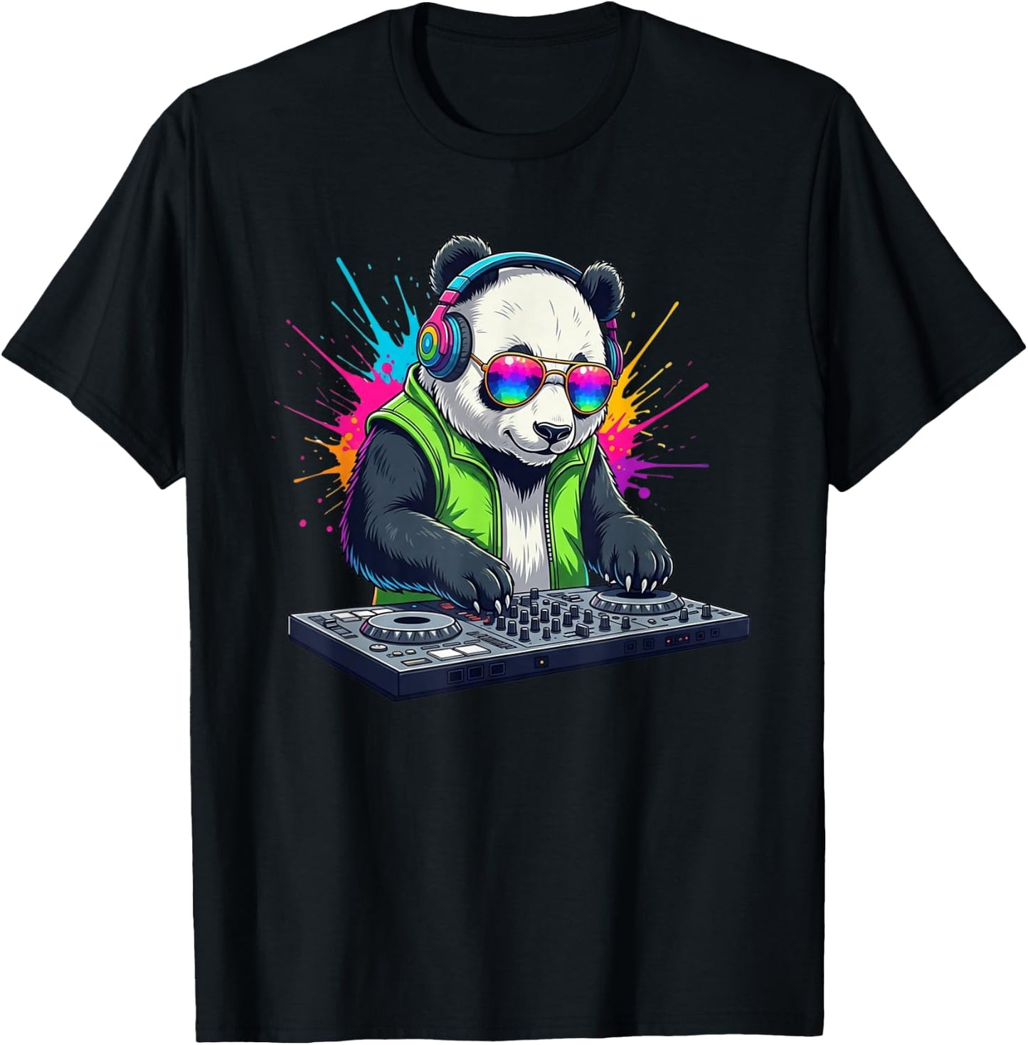 Rainbow DJ Panda with Sunglasses Headphones EDM Music Funny T-Shirt - T-Shirt | Black