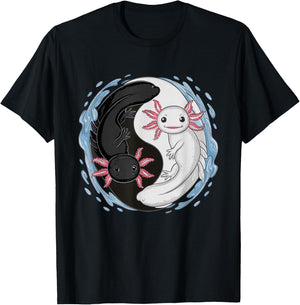 Cute Kawaii Axolotl Yin Yang T-Shirt - T-Shirt | Black