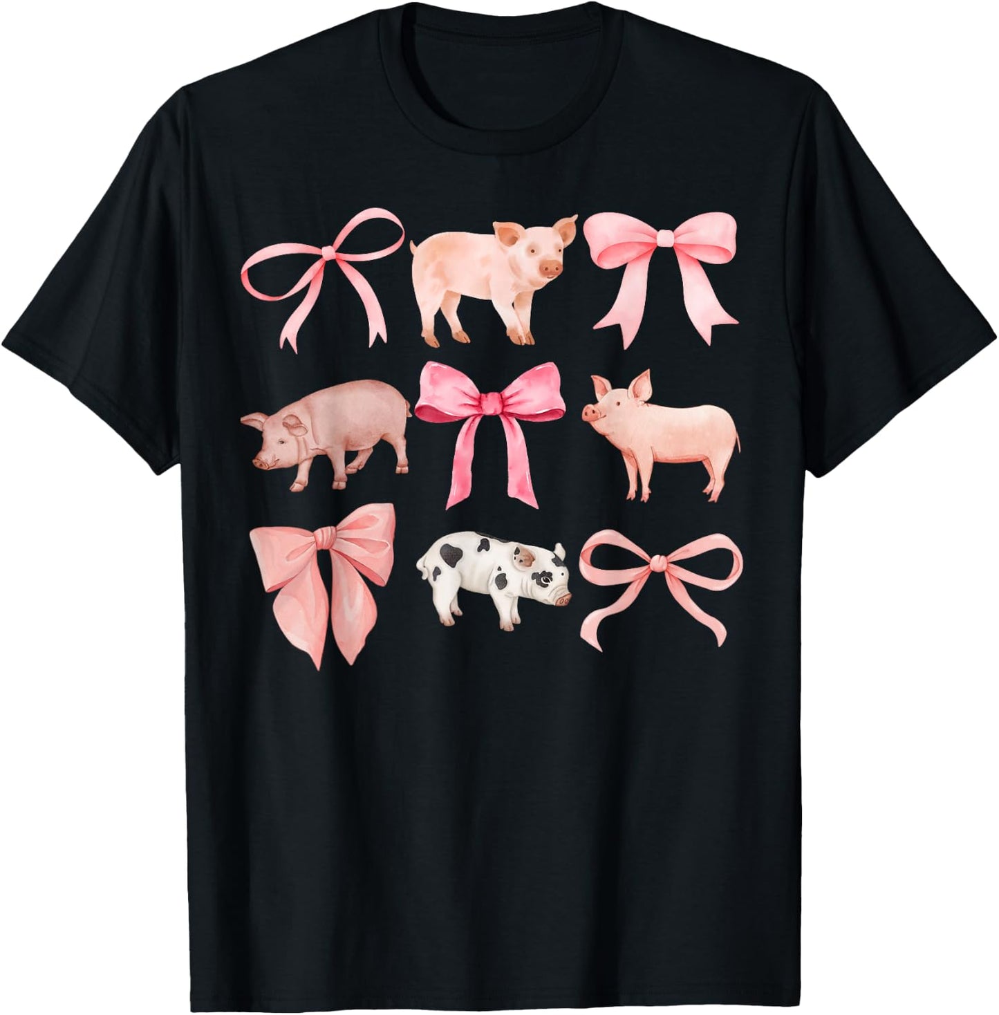 Coquette Pigs, Pigs and Bows, Watercolor, Yorkshires T-Shirt - T-Shirt | Black