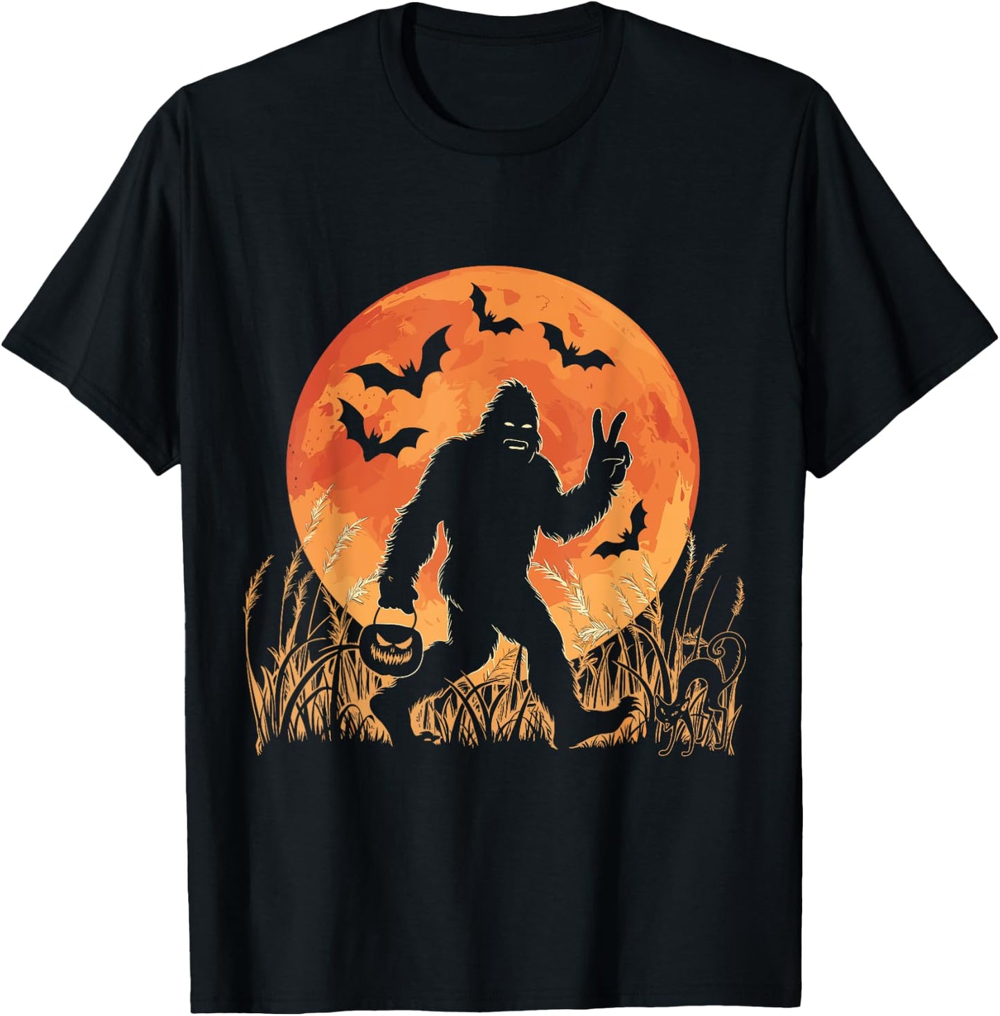 Vintage Bigfoot Pumpkin Halloween Moon Silhouette Sasquatch T-Shirt - T-Shirt | Black