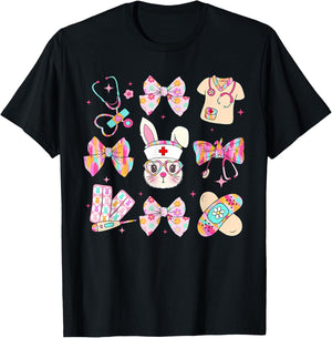 Easter Nurse Coquette Bow Happy Easter Bunny School Women T-Shirt - T-Shirt | Black