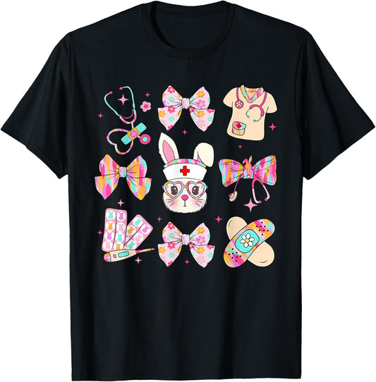 Easter Nurse Coquette Bow Happy Easter Bunny School Women T-Shirt - T-Shirt | Black