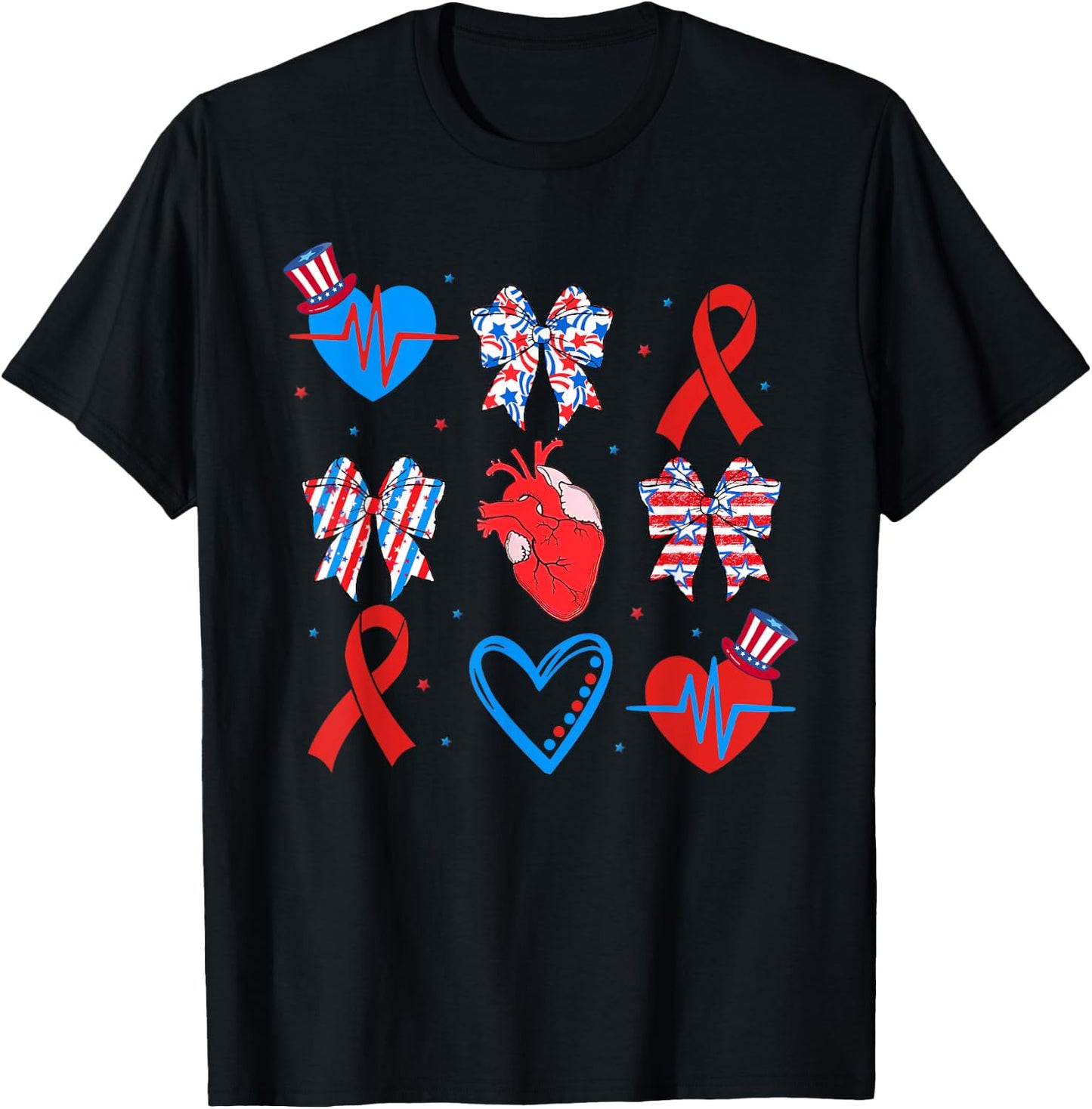 Coquette Red White & Blue Bows Cardiac Nurse July 4th T-Shirt - T-Shirt | Black