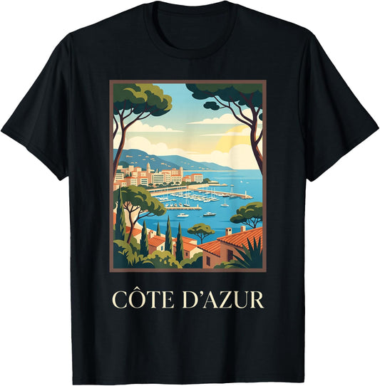 Cote d’Azur French Riviera Coastal Retro Travel Graphic T-Shirt - T-Shirt | Black