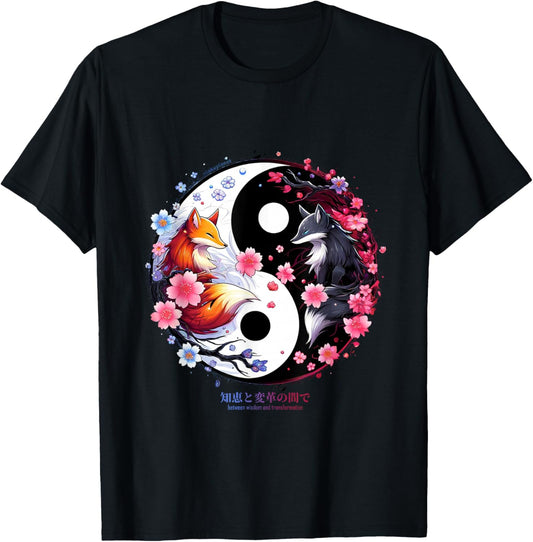 Kitsune Sakura Flower Blossom in Ying Yang Style Aesthetic , Black, S T-Shirt - T-Shirt | Black