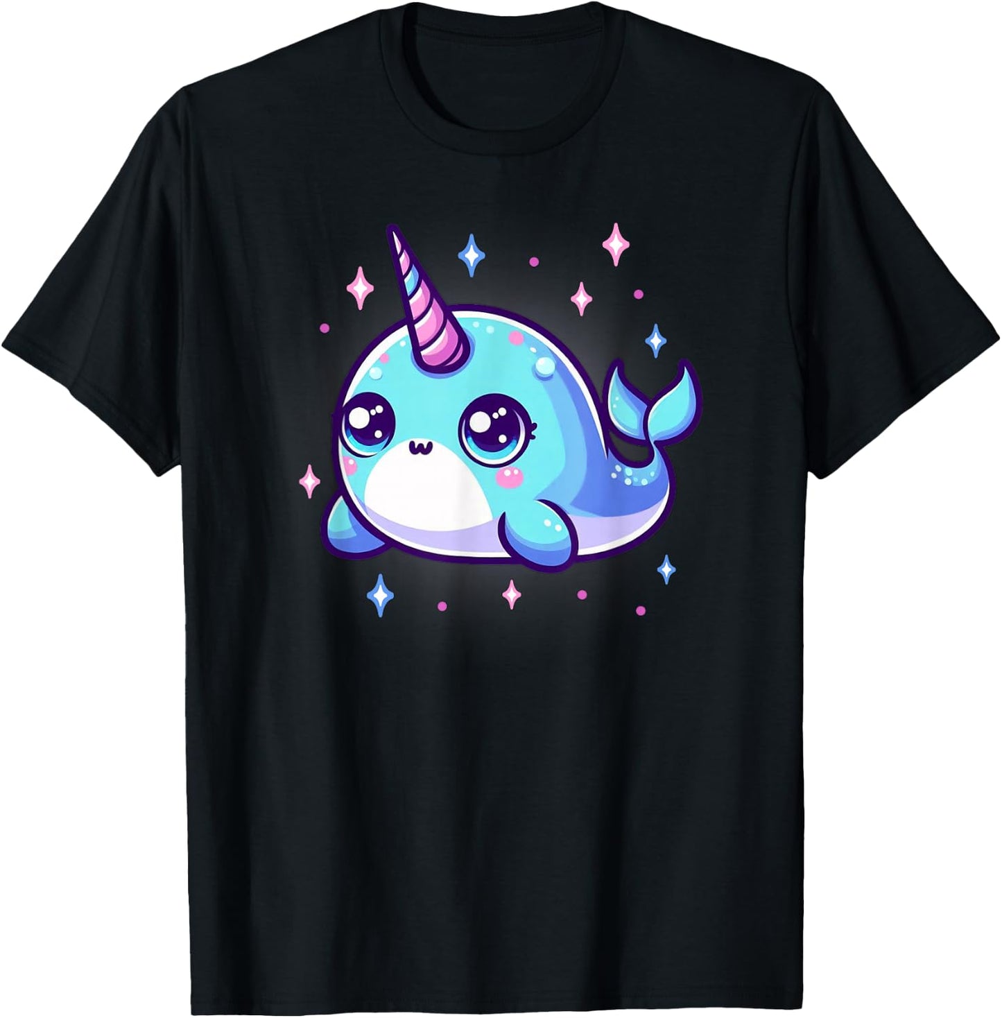 Cute Kawaii Narwhal Blue Pink Anime Sea Ocean Fun T-Shirt - T-Shirt | Black