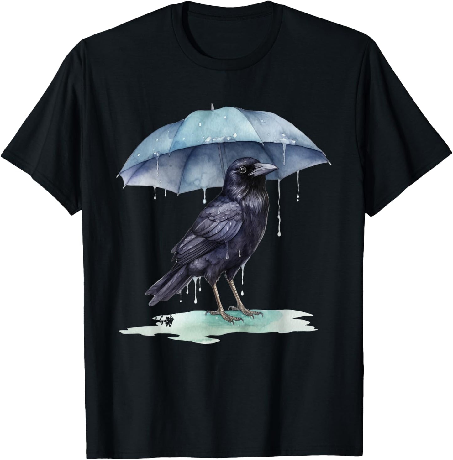 Raven Playing in the Rain With an Umbrella Novelty Apparel T-Shirt - T-Shirt | Black