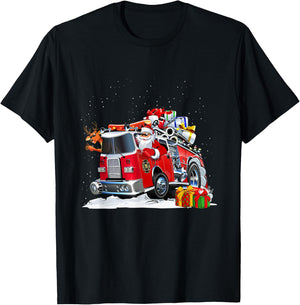 Firefighter Santa Fireman Driving Fire Truck Merry Christmas T-Shirt - T-Shirt | Black