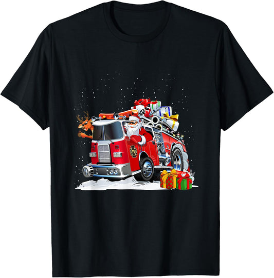 Firefighter Santa Fireman Driving Fire Truck Merry Christmas T-Shirt - T-Shirt | Black