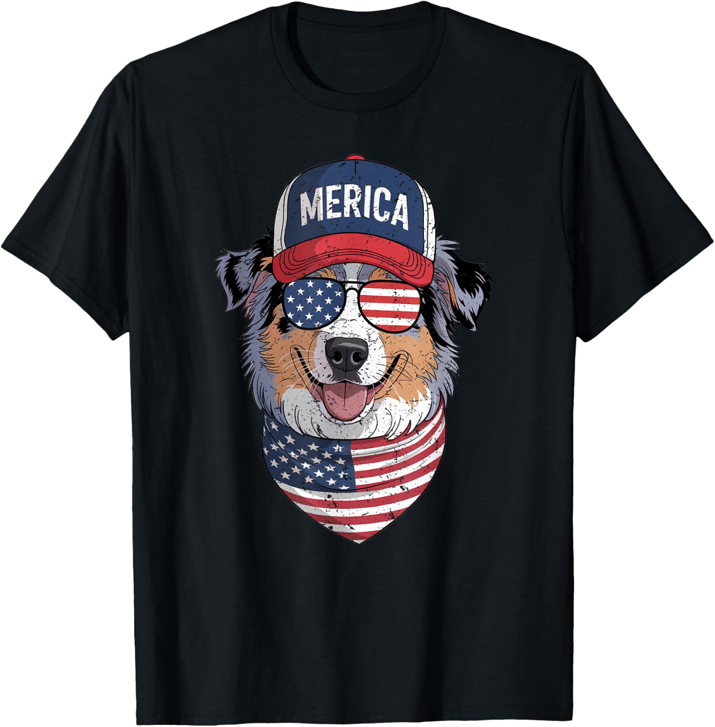 Australian Shepherd 4th of July US American Flag Patriotic T-Shirt - T-Shirt | Black