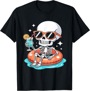 Chillin' Skeleton with Drink Halloween Summerween T-Shirt - T-Shirt | Black