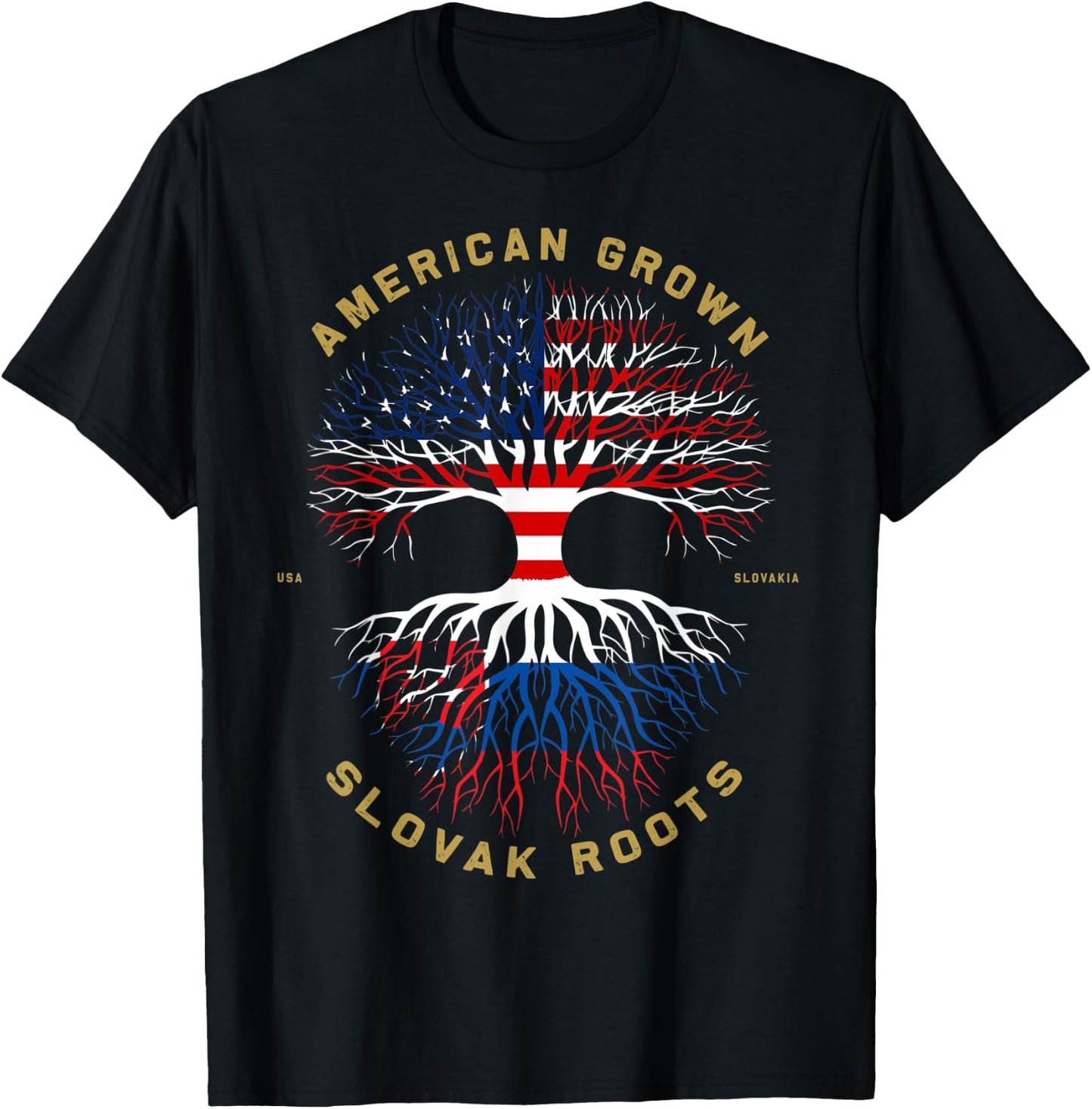 American Grown With Slovak Roots Tree USA Flag Unique Gifts T-Shirt - T-Shirt | Black