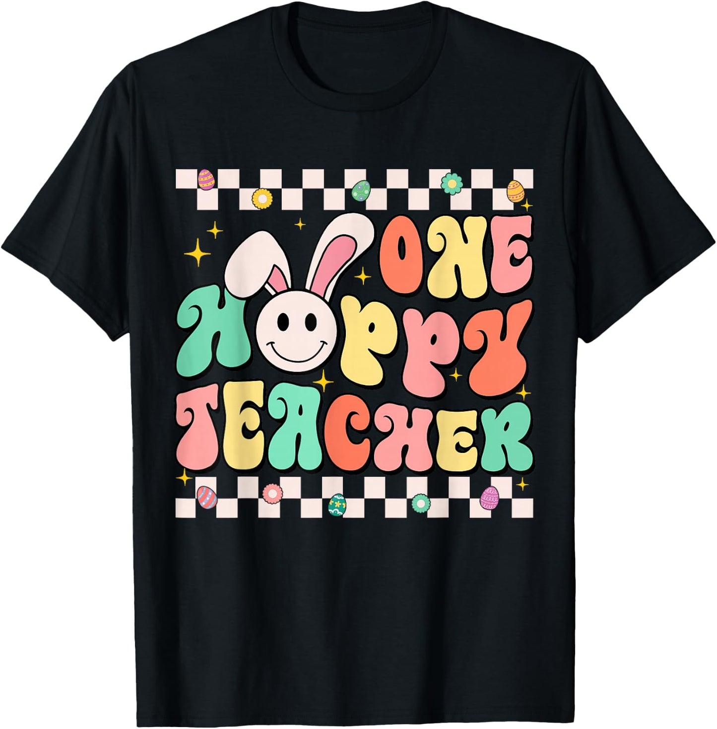 Groovy Retro Teacher Easter Shirt One Hoppy Teacher Boy Girl T-Shirt - T-Shirt | Black