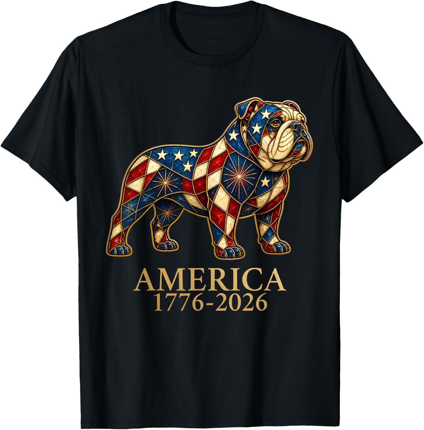 English Bulldog Mosaic America 1776-2026 4th of July Dog T-Shirt - T-Shirt | Black