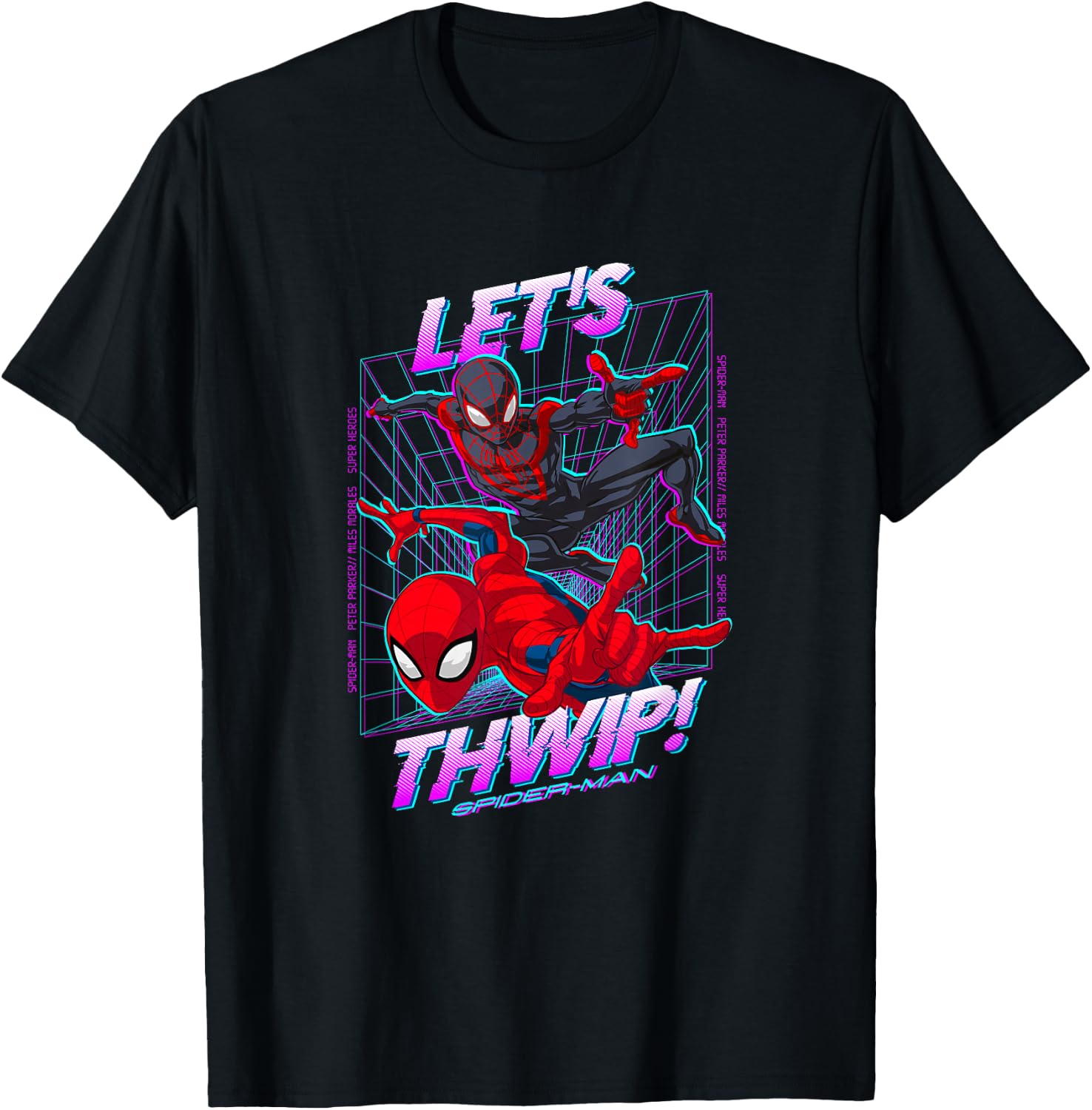 Marvel Comics Spider-Man Peter Parker Miles Morales Neon T-Shirt - T-Shirt | Black