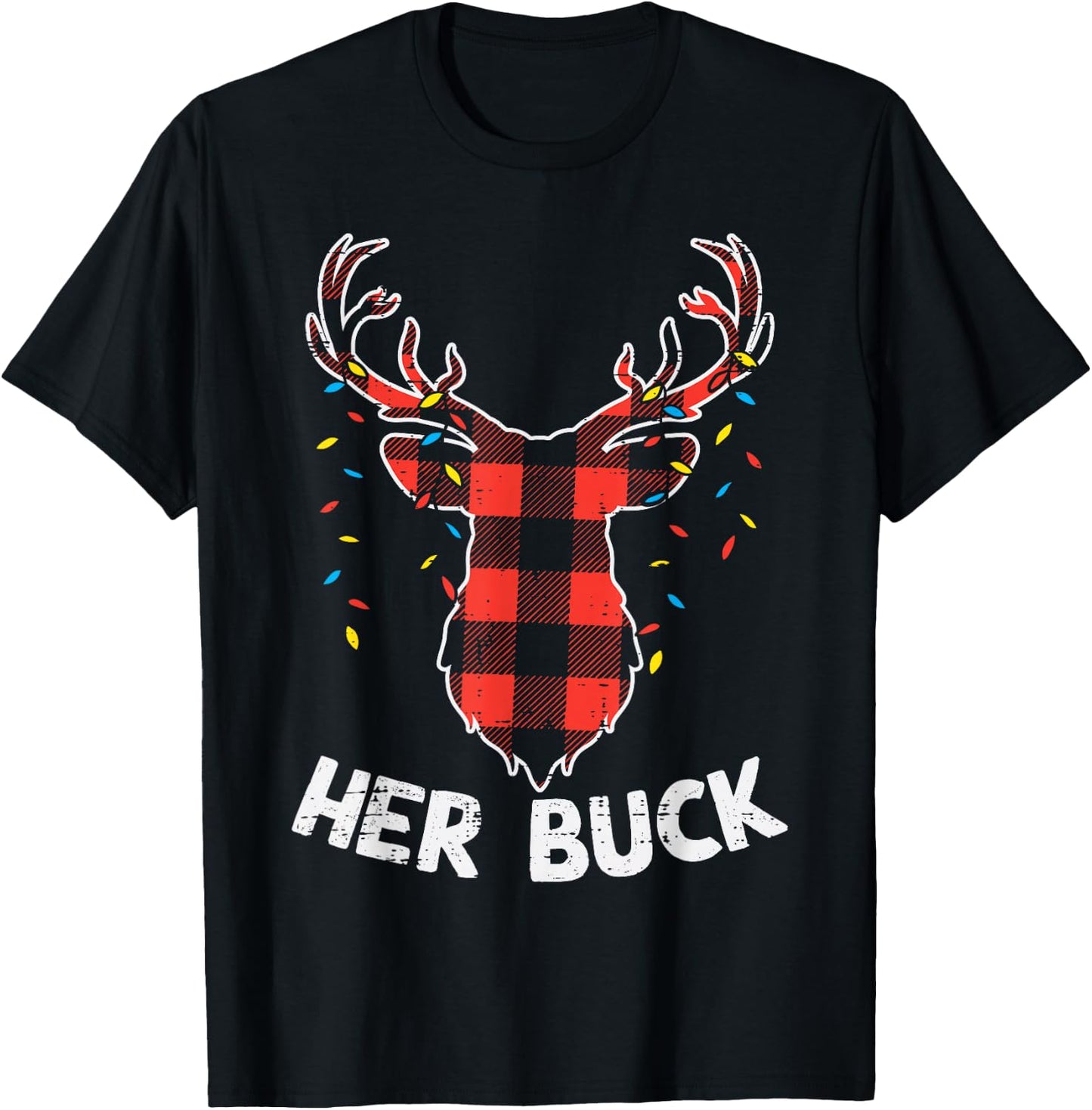 Plaid Reindeer Her Buck Matching Christmas Couple Men PJ T-Shirt - T-Shirt | Black